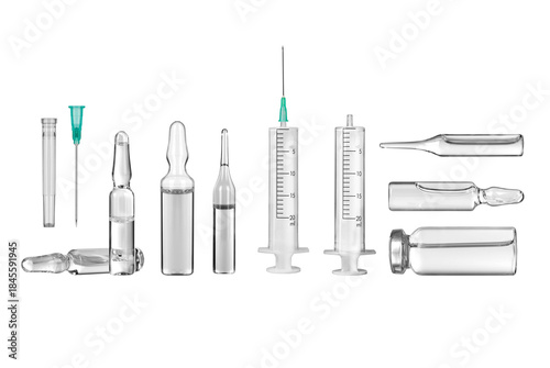 Set of medical ampoules and syringes isolated on a white background
