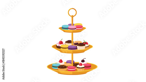 A lavish three-tier dessert stand brimming with an assortment of colorful macarons and small, tempting cupcakes, perfect for any celebration.