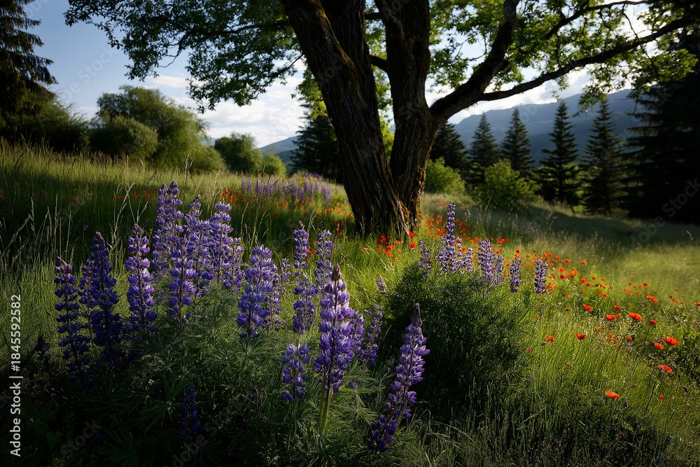 Fototapeta premium A picturesque wildflower meadow dotted with colorful blooms under a shady tree, inviting feelings of joy and freedom through nature's beauty in bright colors and friendly surroundings.