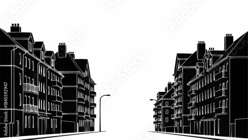 Row of Terraced Houses with Chimneys and Street Lights.