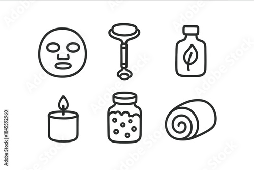 Spa and relaxation icons with massage, aromatherapy, and skincare items