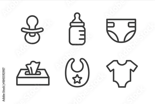 Baby care icon set featuring pacifier, bottle, diaper, and bib
