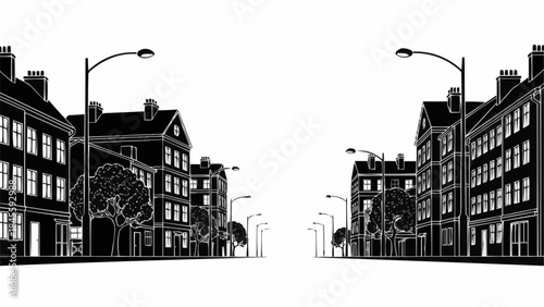 Black and White Illustration of a Row of Townhouses with Streetlights.
