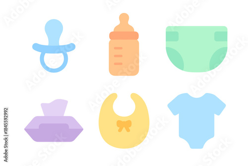 Neon glowing baby care icons including pacifier and bottle