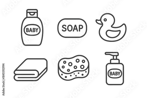 Outline icons of baby bath products including soap and duck