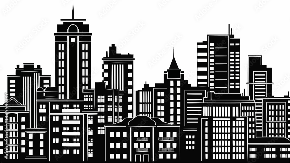 Naklejka premium Modern City Skyline Silhouette with Diverse Architectural Styles.