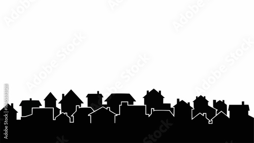 Silhouette of a row of houses against a white background.