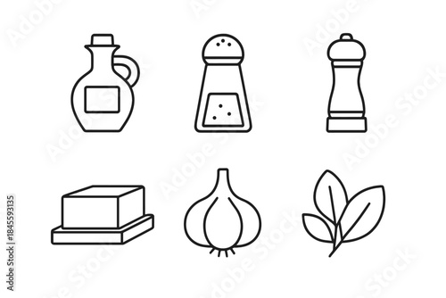 Set of kitchen spice icons including salt, pepper, and herbs