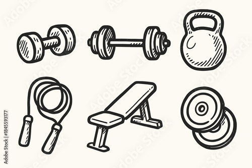 Hand-drawn gym equipment set with weights and kettlebell