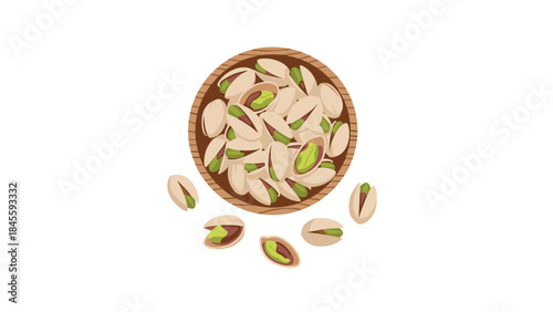 A wooden bowl generously filled with vibrant green pistachios, with several nuts scattered around, presented from an overhead view for a healthy snack.