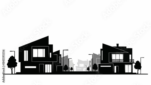 Modern Residential Houses Silhouette Street View.