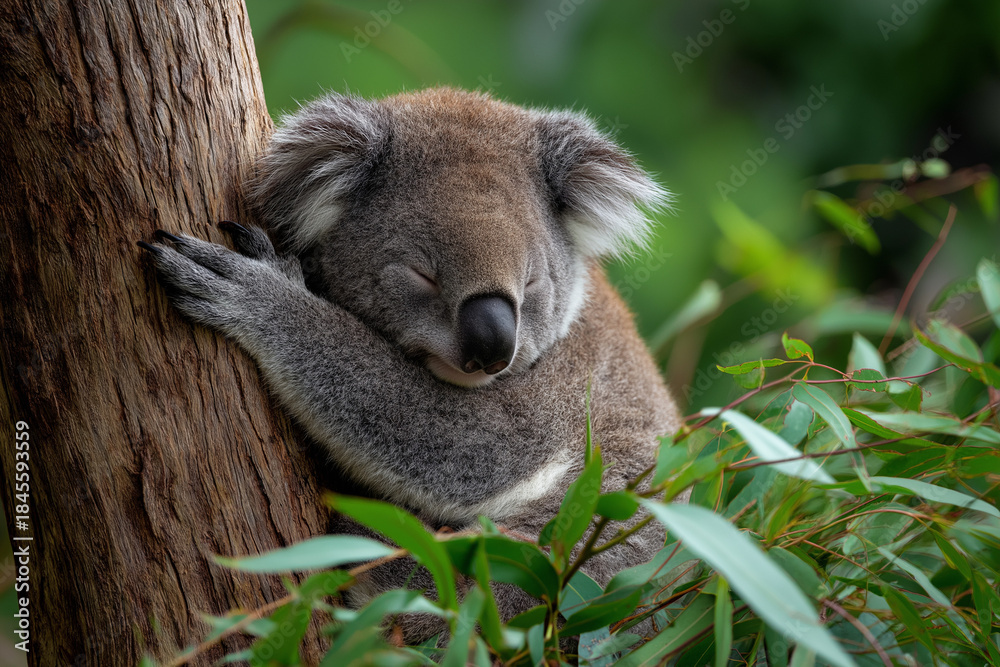 Fototapeta premium A cute koala peacefully resting against a eucalyptus tree, creating a heartwarming and tranquil scene that highlights the charm of this beloved marsupial in its natural habitat.
