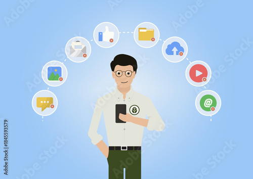 Man cleaning digital data on smartphone. Flat digital cleanup concept with man holding smartphone and various app icons around him marked for deletion. Privacy and storage visuals. Vector illustration