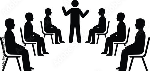 Group discussion illustration showing facilitator leading seated participants teamwork communication leadership training collaboration concept