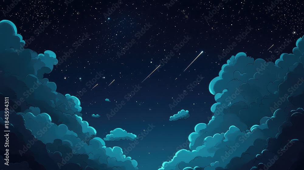 Obraz premium Deep blue night sky filled with twinkling stars and multiple glowing shooting stars streaks, surrounded by soft, stylized teal clouds creating an imaginative, tranquil atmosphere