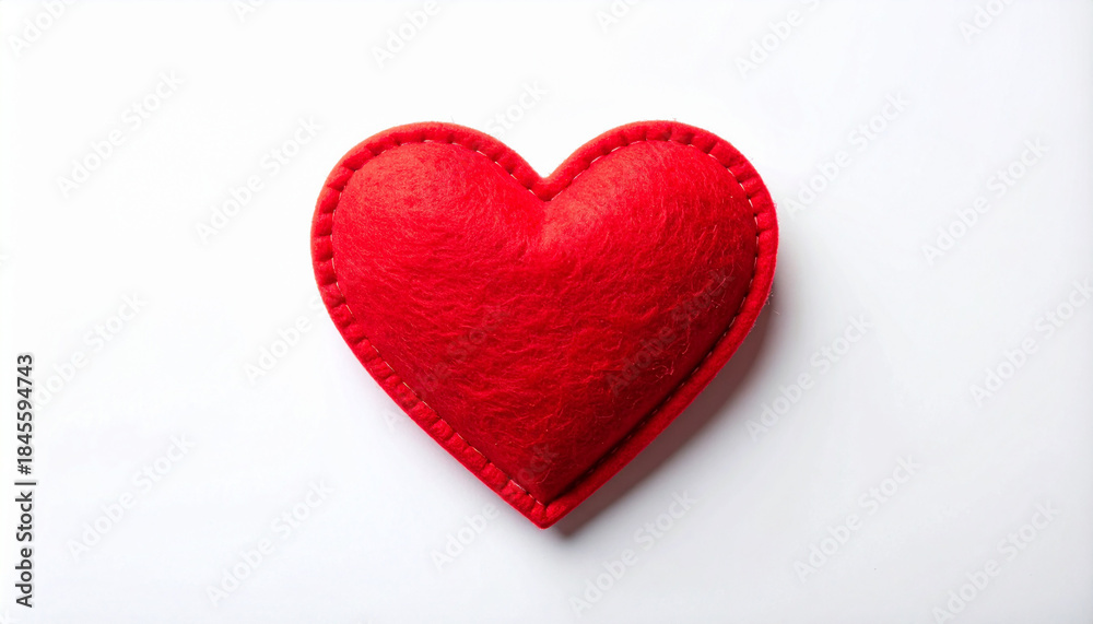 Fototapeta premium Red felt heart shape isolated on clean white backdrop, soft texture and bright color, minimalist