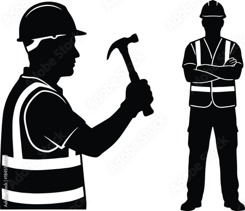 Construction Workers Silhouette Vector | Builder with Hammer and Crossed Arms Illustration