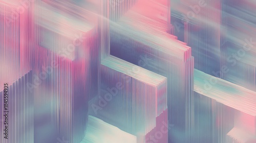 Abstract pastel geometric pattern of vertical and diagonal lines suggesting data streams and futuristic architecture in soft pink, purple, and blue hues for modern tech visuals