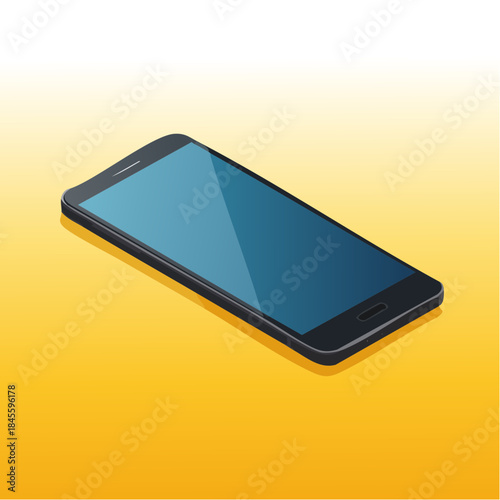 Modern black smart phone lies on a smooth yellow surface or table in perspective view. Realistic vector illustration isometric smartphone.