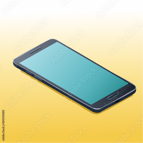 Modern black smart phone lies on a smooth yellow surface or table in perspective view. Realistic vector illustration isometric smartphone.