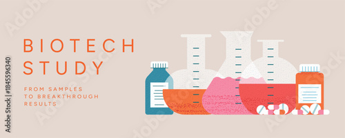 Biotech Study banner with Lab flasks, Medicine bottles, Pills and capsules. Healthcare Science concept with copy space, Flat Vector Illustration on beige background.