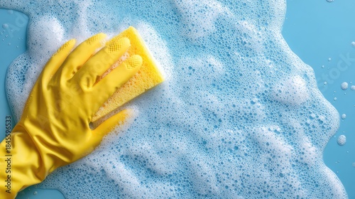 a yellow rubber glove is seen holding a bunch of blue bubble solutions, indicating cleaning activity