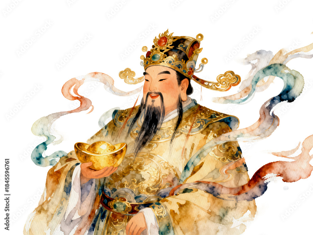 Fototapeta premium Wealth God's Prosperity Blessing: A vibrant watercolor illustration of a deity bestowing blessings, offering symbols of fortune and abundance.