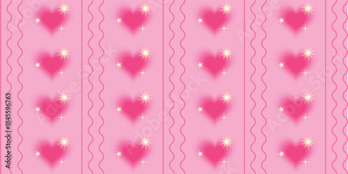 Seamless pink pattern with glowing hearts and bright sparkling stars. Romantic Valentine background for wrapping paper, card, poster, textile, or banner. Gradient vector illustration