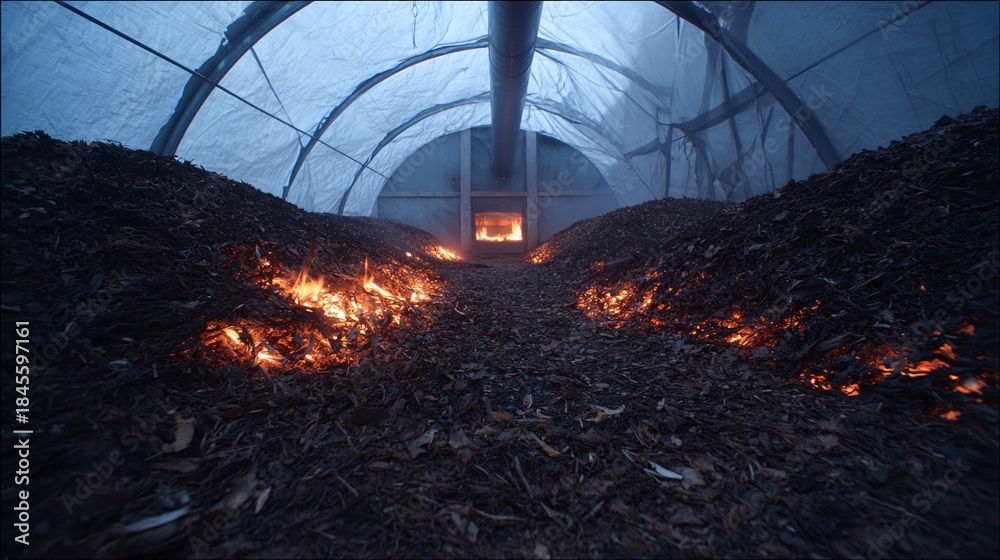 Obraz premium Ember Glow: Heaps of smoldering organic material in a covered space, fire dances along the edges, creating an intriguing and mysterious atmosphere, contrasting heat and darkness.