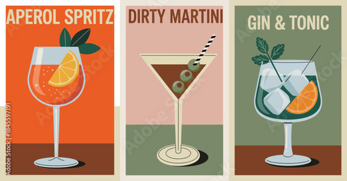 Alcohol drink collection retro poster set, aperol spritz, girty martini, gin and tonic, vintage flat vector illustrations suitable for bar, pub, restaurant, and kitchen wall decoration projects.
