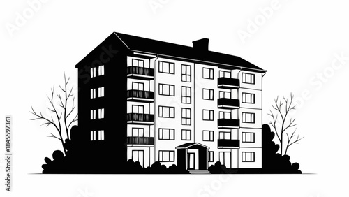 Black and White Sketch of a Multi-Story Apartment Building with Balconies.