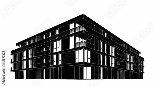 Modern Apartment Building Facade with Glass Balconies and Windows.