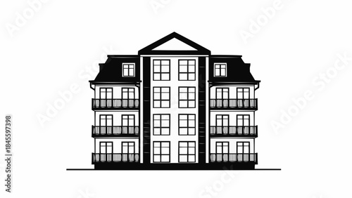 Elegant Residential Building Facade with Mansard Roof and Balconies.