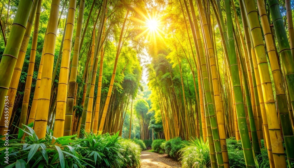 Fototapeta premium Lush Tropical Bamboo Forest with Green and Yellow Stalks 