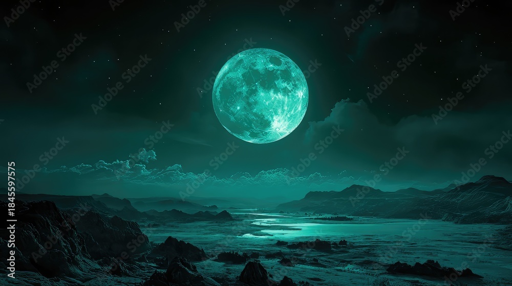 Fototapeta premium Glowing full moon casting a teal light over a rugged mountainous landscape with a winding river, creating an ethereal and mysterious nocturnal scene with hints of a distant starry sky