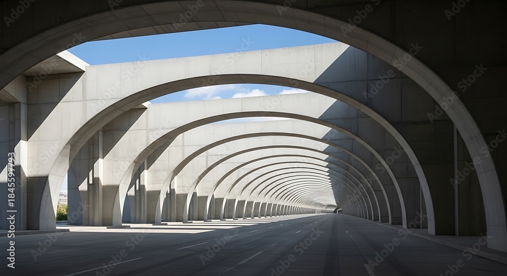 Fototapeta premium Modern concrete archway tunnel structure with a road disappearing into the distance