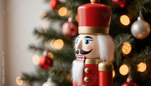 Classic Nutcracker Ornament Beside Christmas Tree with Lights