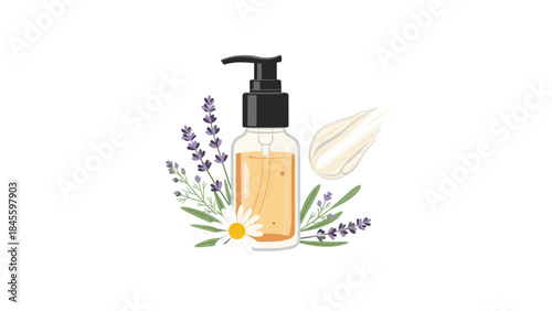 A clear pump bottle filled with golden liquid, surrounded by aromatic lavender and chamomile, with a cream swatch, symbolizing natural skincare.
