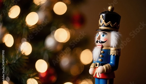 Festive Nutcracker Figurine with Holiday Bokeh Background