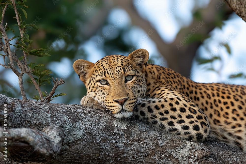 Fototapeta premium A stunning portrait of a leopard lounging on a tree branch, exemplifying its beauty and grace amidst a serene natural backdrop.