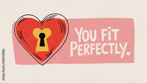 A flat illustration of a heart shape with keyhole and you fit perfectly text on pink background