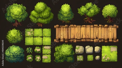 Fantasy game environment elements with lush trees, grassy tiles, rustic wood bridge, and mossy stones for creating vibrant, engaging levels and maps