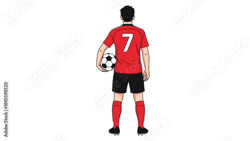 A male football player viewed from behind, wearing a red jersey with number seven and black shorts, confidently holding a soccer ball, ready for action.