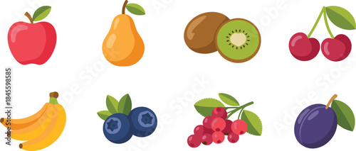 Set of fresh fruit icons, apple, pear, kiwi, banana, berries, healthy food, summer organic produce vector