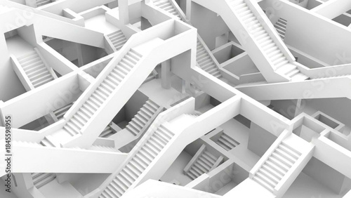 A complex arrangement of white staircases with multiple flights and landings in a mazelike structure isolated on