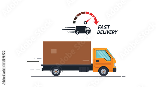 A vibrant orange delivery truck speeding quickly across the frame, with a dynamic "Fast Delivery" speed icon, symbolizing rapid shipping services.