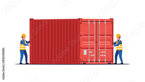 Two diligent workers in safety vests and hard hats opening a large red shipping container, symbolizing global logistics and cargo transportation.