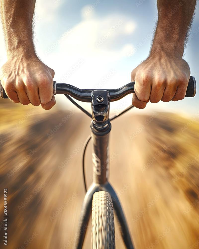 Fototapeta premium Intense bmx ride experience with close up of rider's hands gripping handlebars for adrenaline sports adventure