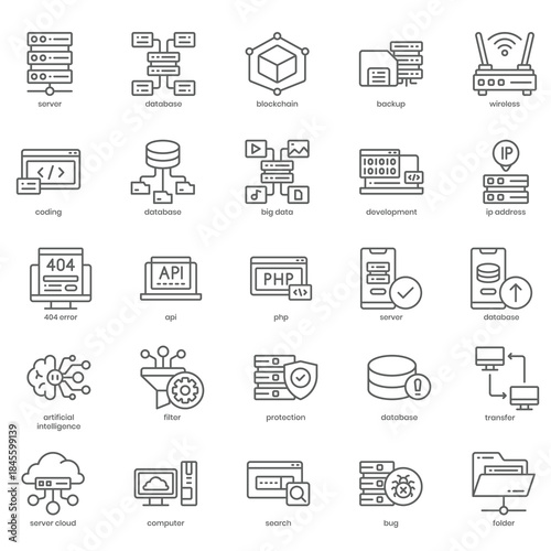 Server and database icon set representing cloud computing, data storage, and IT infrastructure,