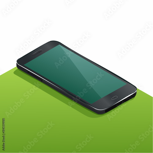 Modern black smart phone lies on a smooth green surface or table in perspective view. Realistic vector illustration isometric smartphone.